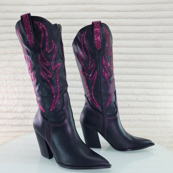 Mileage Pink Rhinestone Design Black Country Western Cowgirl Boots - Picture 8 of 10